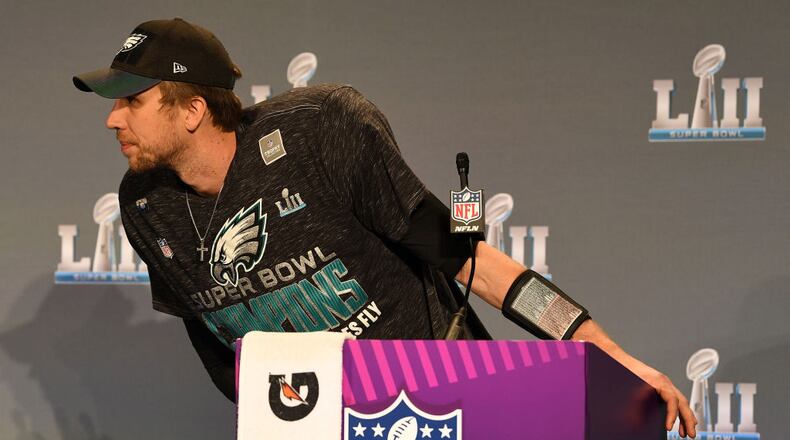 MINNEAPOLIS, MN - FEBRUARY 04:  Nick Foles #9 of the Philadelphia Eagles speaks to the media after his teams 41-33 win over the New England Patriots in Super Bowl LII at U.S. Bank Stadium on February 4, 2018 in Minneapolis, Minnesota. The Philadelphia Eagles defeated the New England Patriots 41-33.  (Photo by Larry Busacca/Getty Images)