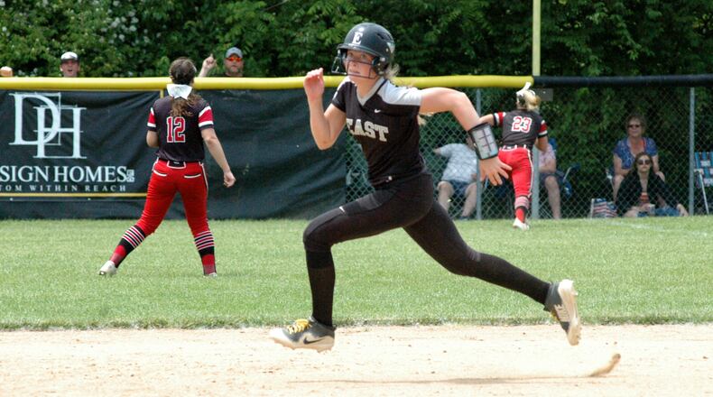 Lakota East’s Hailey Holtman sprints between first and second base on her way to third for a triple Saturday during a Division I regional softball final against Lakota West at Centerville. East won 2-1 to earn a trip to the state tournament. RICK CASSANO/STAFF