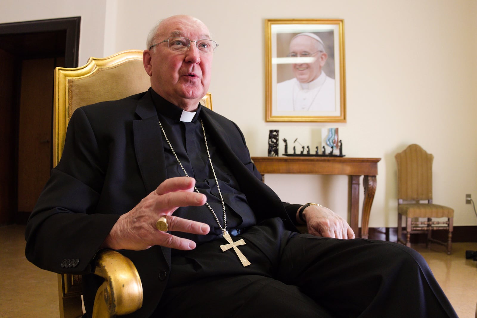 FILE - Cardinal Kevin Farrell, head of the Vatican's family and laity office, speaks during an interview in Rome, July 31, 2018. (AP Photo/Paolo Santalucia, File)
