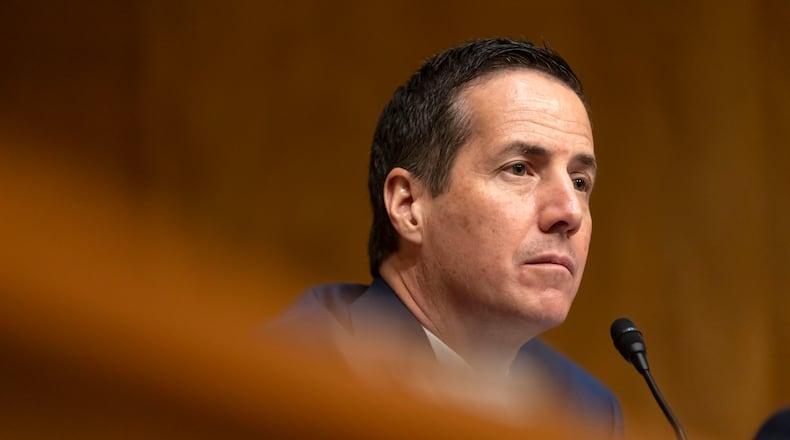 Sen. Bernie Moreno, R-Ohio, listens during a hearing of the Senate Committee on Homeland Security and Governmental Affairs on Capitol Hill, Thursday, April 3, 2025, in Washington. (AP Photo/Mark Schiefelbein)
