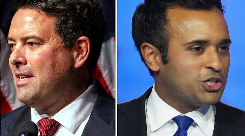 This photo combo shows from left, Ohio state Sen. Rob McColley and Republican Vivek Ramaswamy. (AP Photo/File)