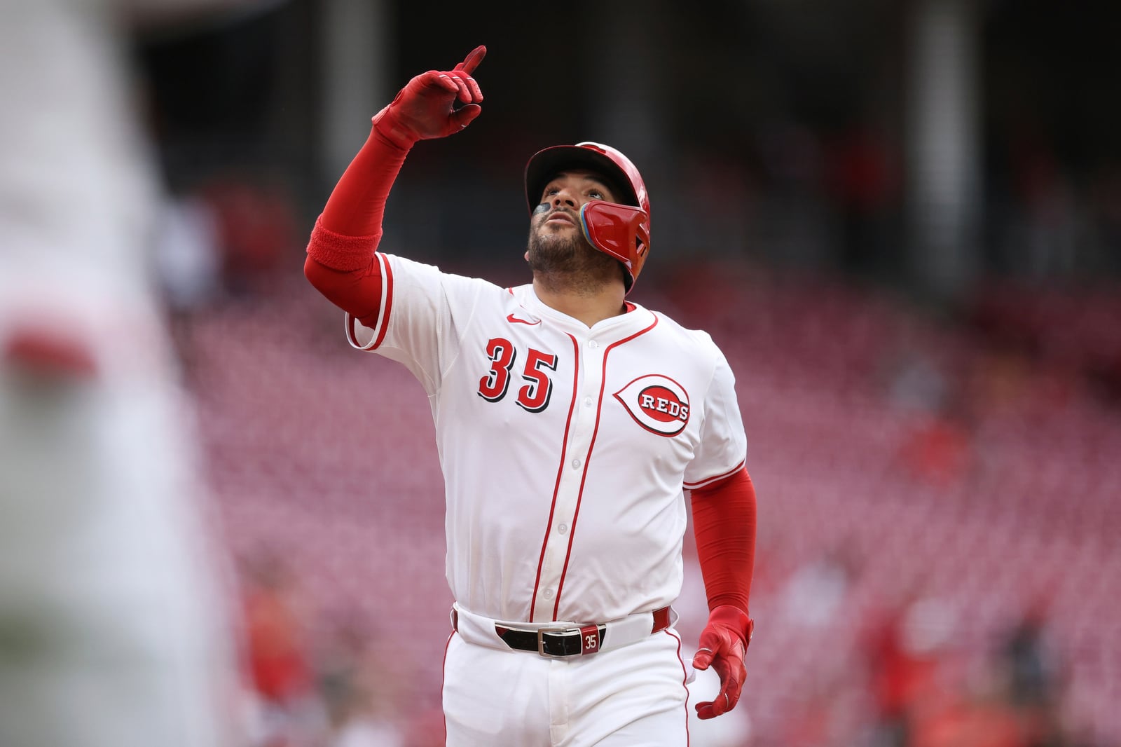Cincinnati Reds' Jose Trevino reacts after hitting a 2-run home run during the second inning of a baseball game against the St. Louis Cardinals, Thursday, May 1, 2025, in Cincinnati. (AP Photo/Abdoul Sow)