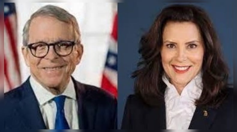 Ohio Gov. Mike DeWine left, and Michigan Gov. Gretchen Whitmer