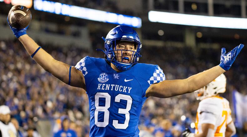Kentucky tight end Justin Rigg (83) celebrates scoring a touchdown during the first half of an NCAA college football game against Tennessee in Lexington, Ky., Saturday, Nov. 6, 2021. (AP Photo/Michael Clubb)