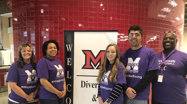 In the fall of 2018, Middletown Schools applied for and received a state education grant funding the new, joint program allowing special education teacher classroom assistants to gain their intervention specialist teaching license. The first participants, left to right, are: Johnna Arrowood, Amanda Elementary; Ayesha Winfrey, Rosa Parks Elementary; Taylor Parsons, Miller Ridge Elementary; Steve Urso, Middletown High School and Dwight Smith, Middletown High School. CONRBUTED