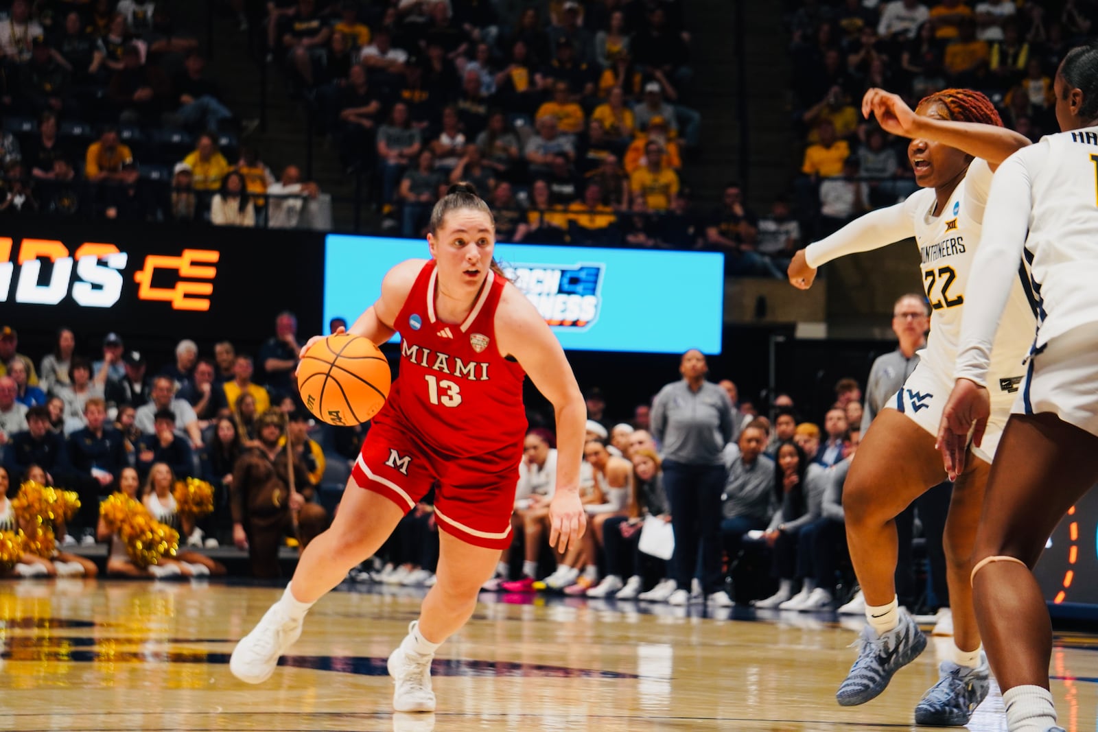 Miami's Tamar Singer dribbles the ball during her NCAA Tournament game against West Virginia on Saturday, March 21, 2026, at Hope Coliseum in Morgantown, W.Va. CHRIS VOGT / CONTRIBUTED