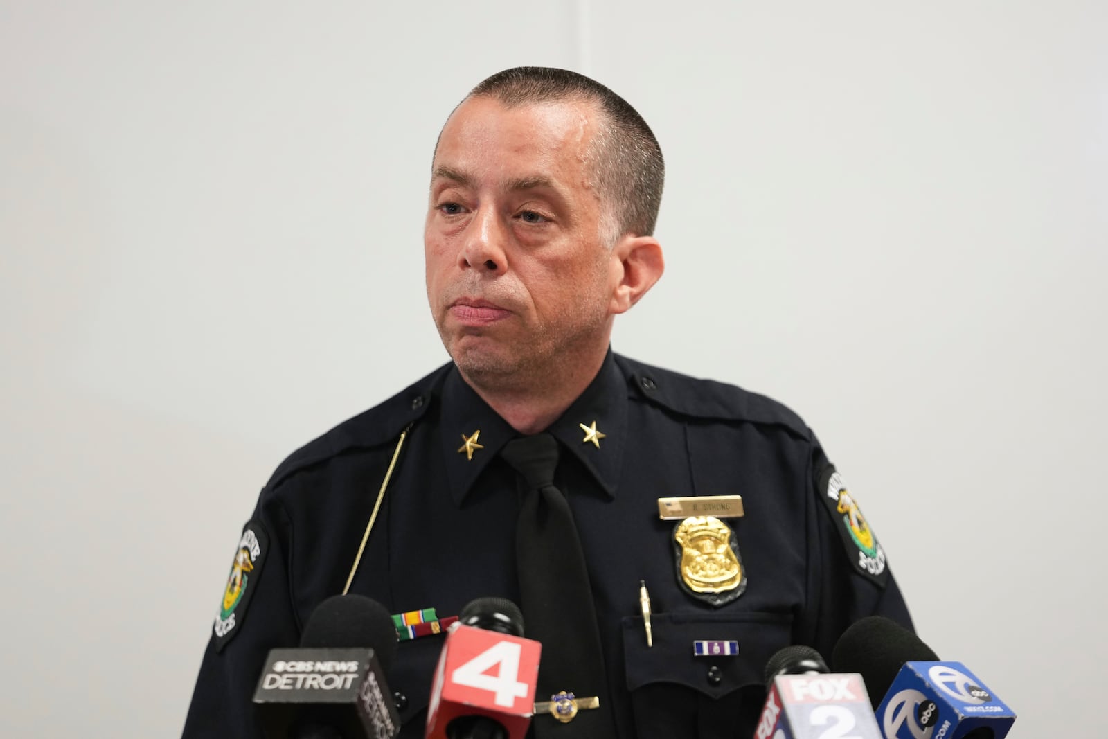 Wayne Police Department Chief Ryan Strong speaks during a news conference about a shooting at CrossPointe Community Church in Wayne, Mich., Sunday, June 22, 2025. (AP Photo/Paul Sancya)