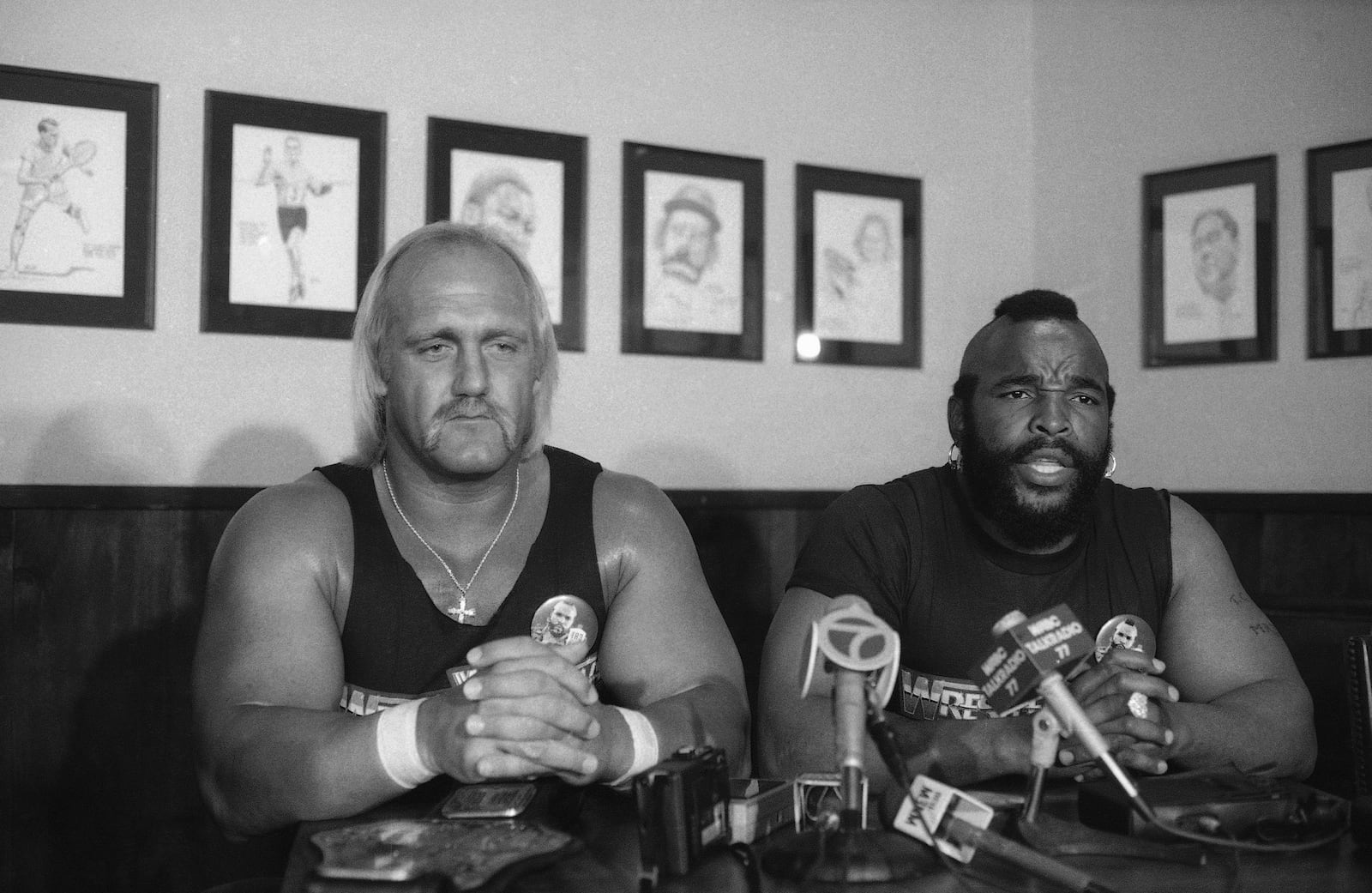FILE - World Wrestling Federation heavyweight champion Hulk Hogan, left, and Mr. T. appear at a news conference on March 18, 1985, in New York's Madison Square Garden. (AP Photo/Corey Struller, File)