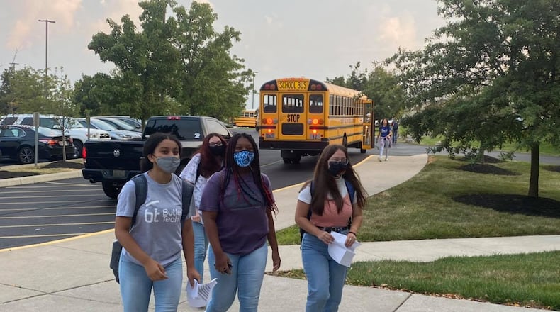 More than 1,500 Butler Tech high school students returned to live classes Tuesday with many of them taking the option to wear masks to help protect them from the recent uptick in coronavirus variant. The county wide career school is the first in the area to start the new school year and will soon be followed this week and next by other local public and private school openings. (Provided Photo\Journal-News)