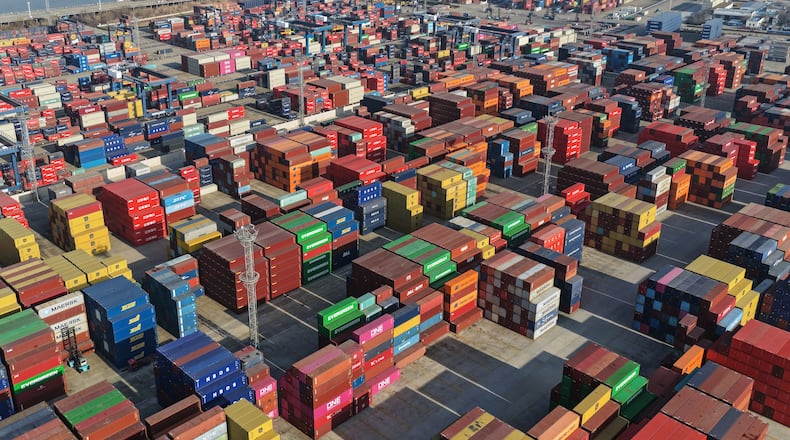 Aerial view of a container terminal in Nanjing in eastern China's Jiangsu province, Wednesday, Jan. 14, 2026. (Chinatopix Via AP)