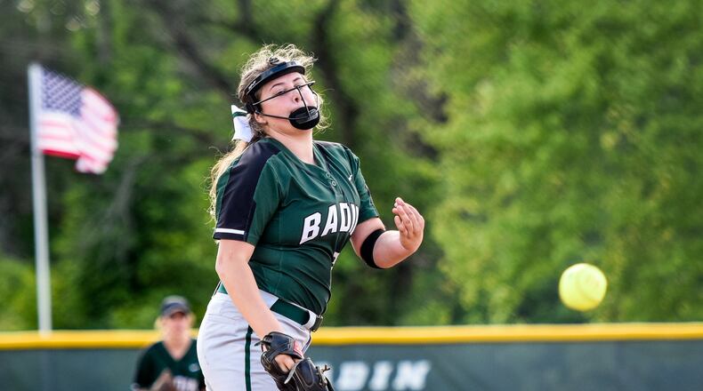 Badin’s Nicole Rawlings throws a pitch during a game against Ross on April 27 at Carl Schatt Field in Hamilton. NICK GRAHAM/STAFF