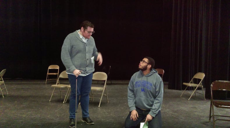John Lawson (left) plays Barry, and Malcolm Casey is Lucien as they rehearse for “The Boys Next Door.” CONTRIBUTED