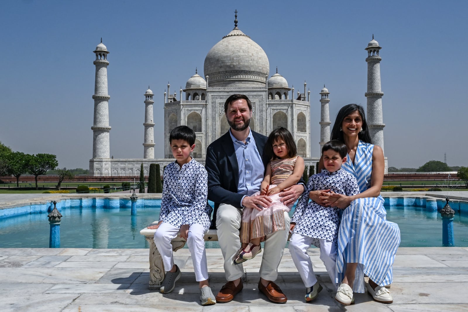 U.S. Vice President JD Vance and his family, including wife Usha Vance, visit the Taj Mahal on April 23, 2025, in Agra, India. (Kenny Holston /The New York Times via AP, Pool)