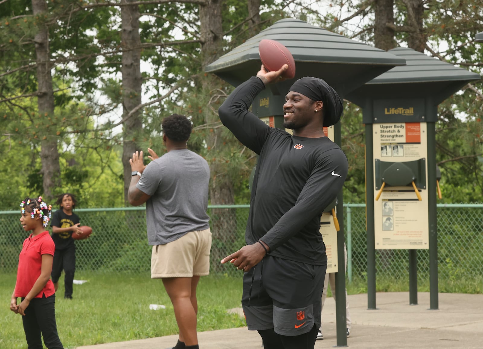 Bengals rookie Shemar Stewart appears at an NFL Flag In-School event at the Dayton Early College Academy PREP on Friday, May 16, 2025, in Dayton. David Jablonski/Staff