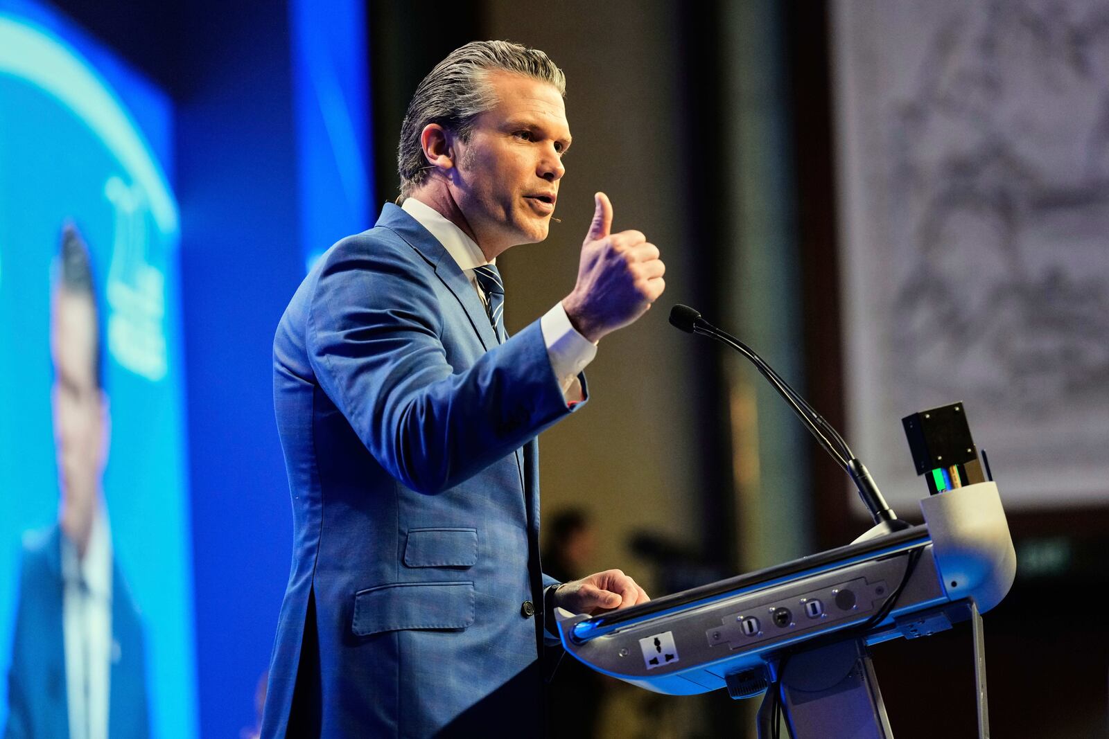 U.S. Defense Secretary Pete Hegseth delivers his speech during 22nd Shangri-La Dialogue summit in Singapore,Saturday, May 31, 2025. (AP Photo/Anupam Nath)