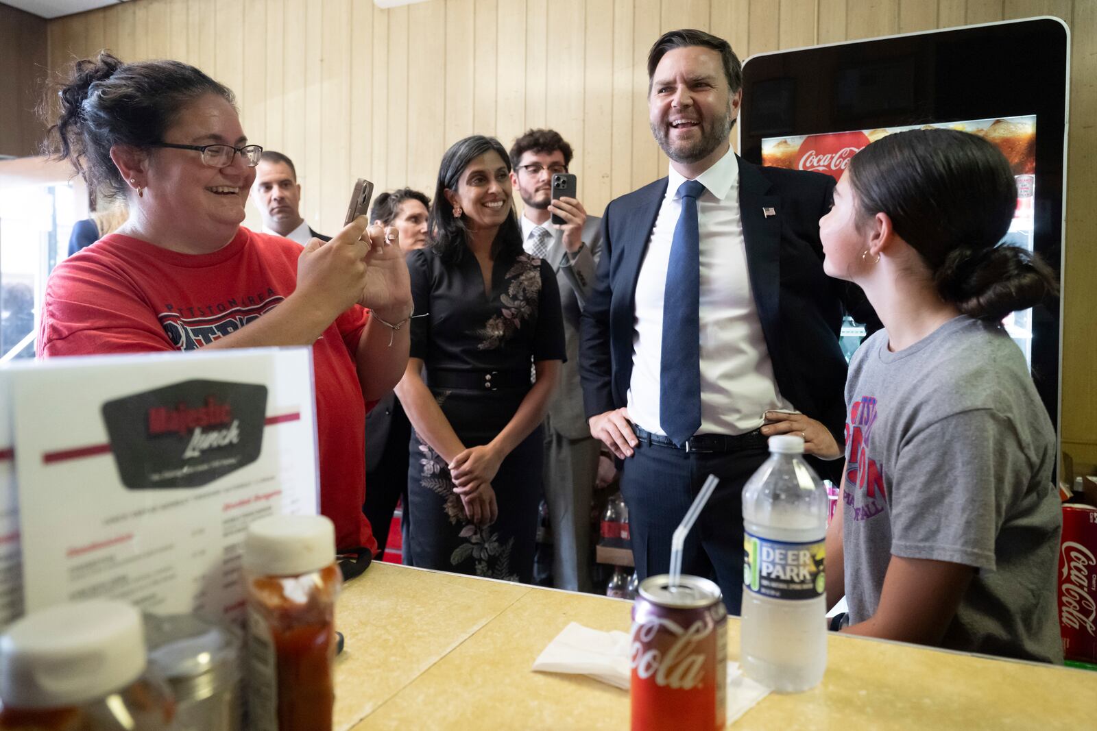 Vice President JD Vance and second lady Usha Vance, greet patrons during a surprise stop at the Majestic Lunch diner in Pittston, Pa., Wednesday. July 16, 2025. (Saul Loeb/Pool via AP)