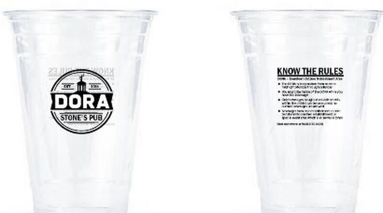 These images of a cup, front and back, give an idea what the DORA cups would look like, with the name of a participating business that sold the cup, as well as rules for strolling around with the cups outdoors in Hamilton’s downtown. PROVIDED