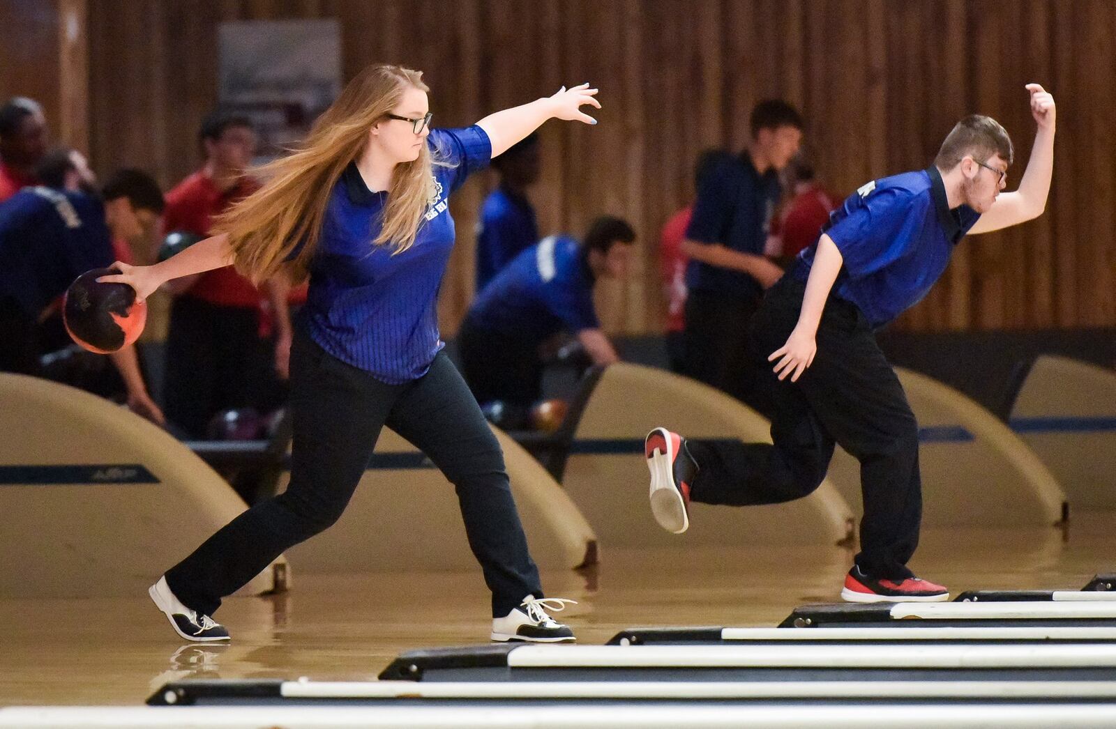 Hamilton’s Abby Morgan bowls during Monday’s Greater Miami Conference bowling match against Fairfield at the Game of Fairfield. NICK GRAHAM/STAFF
