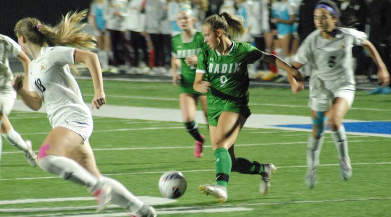 Badin’s Morgan Creech (9) scored two goals to help the Rams blank Alter 5-0 in a Division II sectional on Thursday at Virgil Schwarm Stadium. Chris Vogt/CONTRIBUTED