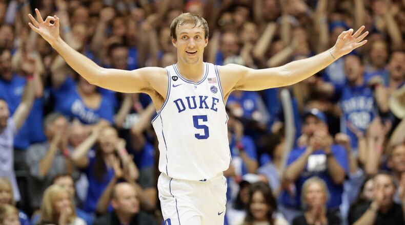 DURHAM, NC - FEBRUARY 28: Luke Kennard #5 of the Duke Blue Devils reacts after a play during their game against the Florida State Seminoles at Cameron Indoor Stadium on February 28, 2017 in Durham, North Carolina. (Photo by Streeter Lecka/Getty Images)