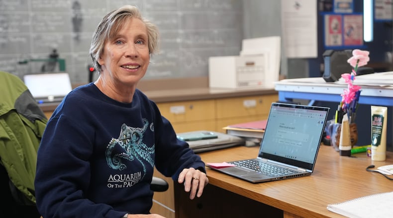 Art teacher Joyce Hatzidakis poses for a portrait in her classroom Thursday, Jan. 22, 2026, Riverside, Calif. (AP Photo/Damian Dovarganes)