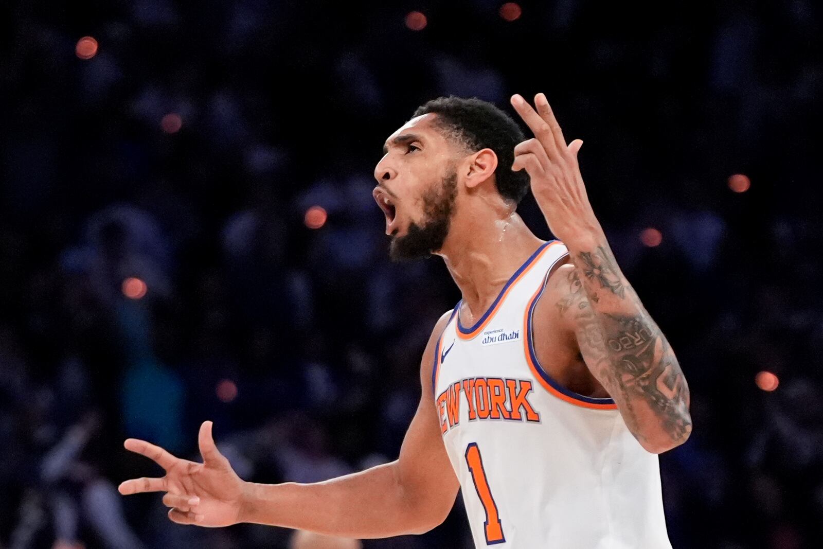 New York Knicks guard Cameron Payne reacts during the second half of Game 1 in an NBA basketball first-round playoff series against the Detroit Pistons, Saturday, April 19, 2025, in New York. (AP Photo/Julia Demaree Nikhinson)
