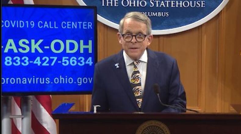 Gov. Mike DeWine speaks during a daily press conference on the coronavirus at the Ohio Statehouse Friday, April 17, 2020.