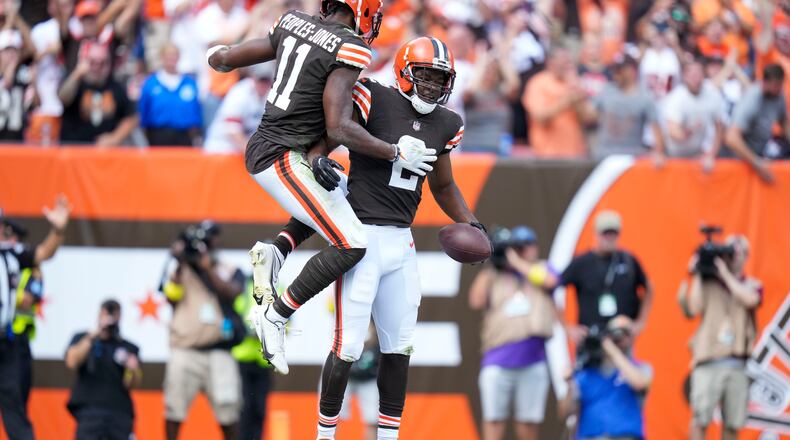 FILE -- Cleveland Browns wide receiver Amari Cooper (2) celebrates a touchdown against the New York Jets in Cleveland, Ohio, Sept. 18, 2022. Cooper played chess with Chidobe Awuzie while they were teammates with the Dallas Cowboys. (AJ Mast/The New York Times)