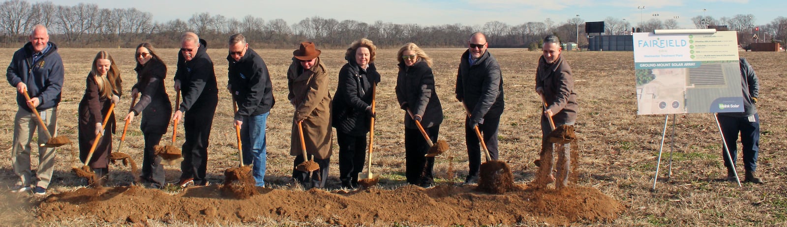 Fairfield held a groundbreaking ceremony Monday for a solar panel field adjacent to the city's wastewater treatment plant. Melink Solar is designing and installing the array, which should start generating electricity this summer. CONTRIBUTED/SUE KIESEWETTER