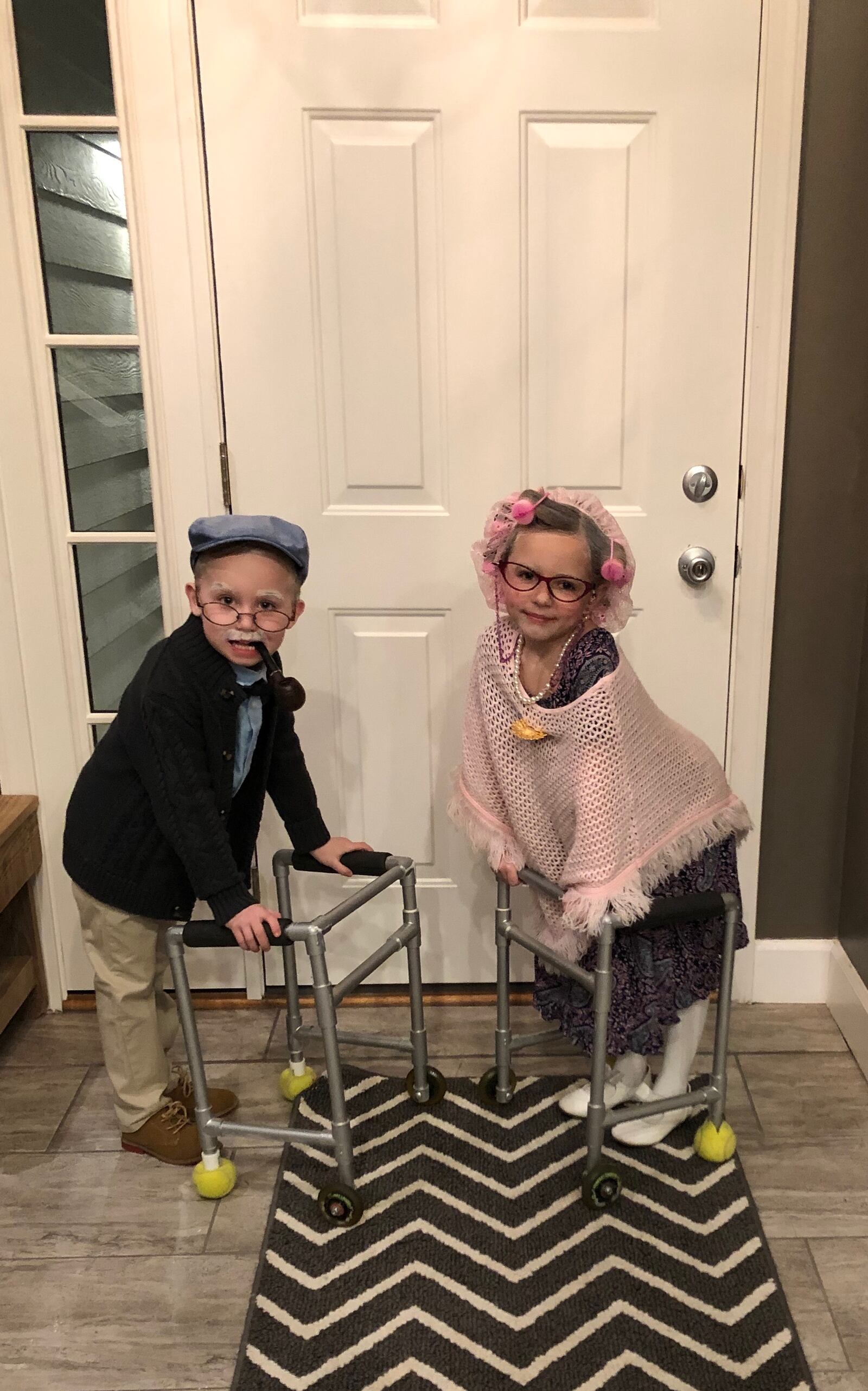 A photo of then 2-year-old Liam and Adelynn Stump  dressed as old people for Halloween 2014 was seen by millions after it was posted on Dayton Daily News’ Facebook page in 2014. Now 6, the Bellbook twins recreated the look for the 100 day of school.