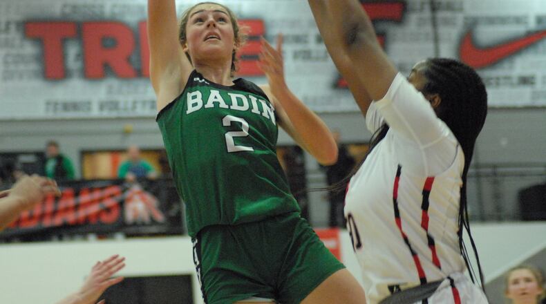 Badin's Braelyn Even puts up a shot over Fairfield's Myka Richardson on Friday night in the Butler County Backyard Bash at Fairfield Arena. Chris Vogt/CONTRIBUTED