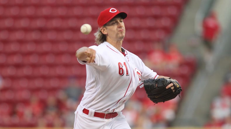 Reds starter Bronson Arroyo pitches against the Brewers on Thursday, April 13, 2017, at Great American Ball Park in Cincinnati. David Jablonski/Staff
