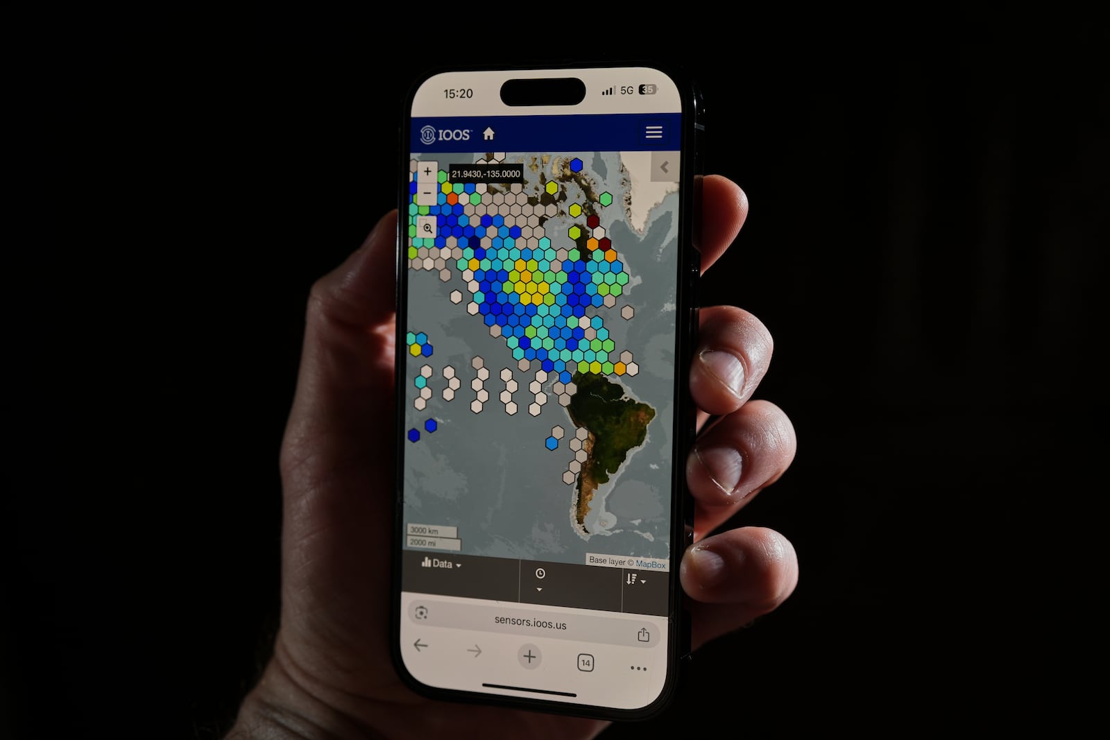 A map of sensor data as part of the Integrated Ocean Observing System is displayed Thursday, May 15, 2025, in Cincinnati. (AP Photo/Joshua A. Bickel)