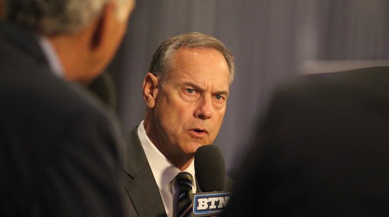 Michigan State coach Mark Dantonio talks on the Big Ten Network at Big Ten Media Days at McCormick Place in Chicago on Monday, July 24, 2017. David Jablonski/Staff