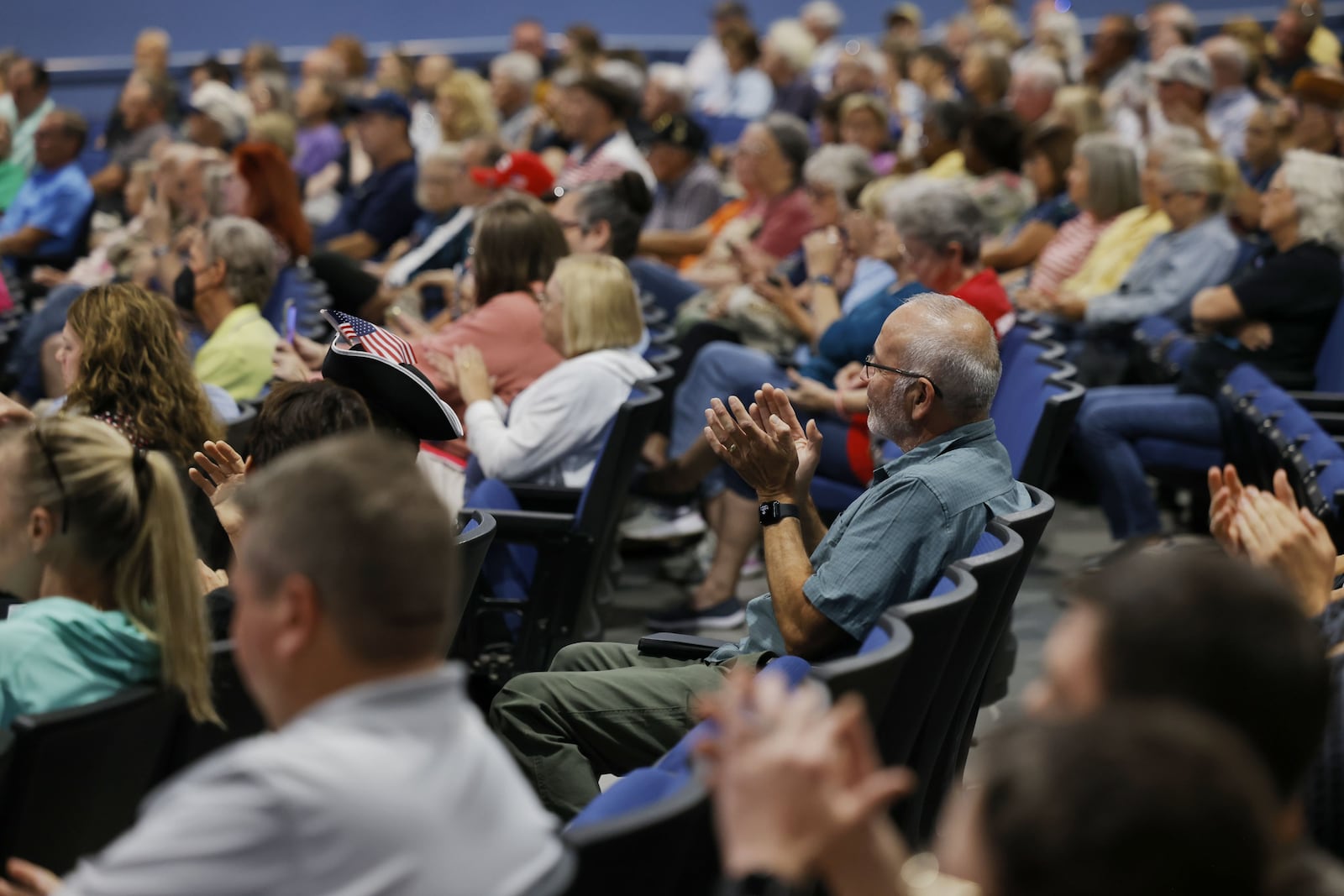 Congressman Warren Davidson spoke and answered questions during a congressional town hall event at a packed auditorium at Edgewood Middle School Wednesday, Aug. 27, 2025. NICK GRAHAM/STAFF