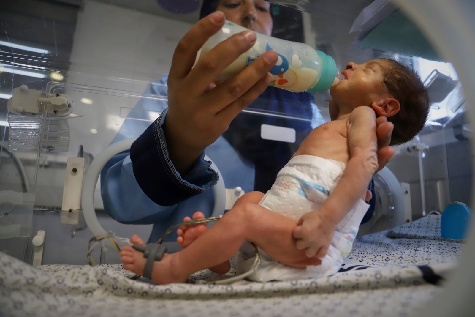 A nurse feeds a prematurely born baby lying in an incubator at the neonatal intensive care unit of Nasser Hospital in Khan Younis, southern Gaza Strip, Thursday, June 19, 2025. (AP Photo/Mariam Dagga)