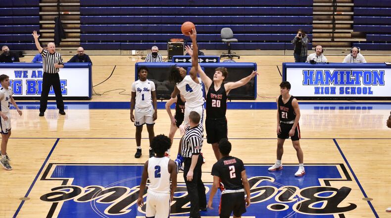 The Hamilton High School boys basketball team hosted Lakota West on Friday, Jan. 22, 2021. NICK GRAHAM / STAFF