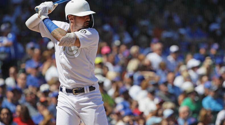 CHICAGO, ILLINOIS - AUGUST 24: Nicholas Castellanos #6 of the Chicago Cubs bats against the Washington Nationals at Wrigley Field on August 24, 2019 in Chicago, Illinois. (Photo by Jonathan Daniel/Getty Images)