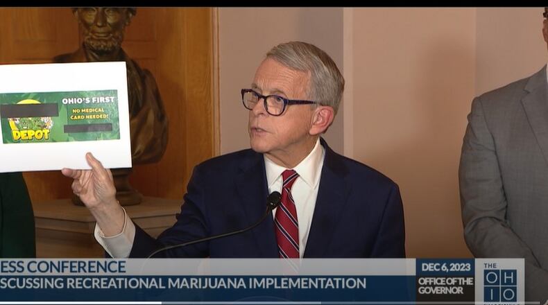 Ohio Gov. Mike DeWine references a Trotwood business as he urges lawmakers to speed up the legal sale of recreational marijuana.