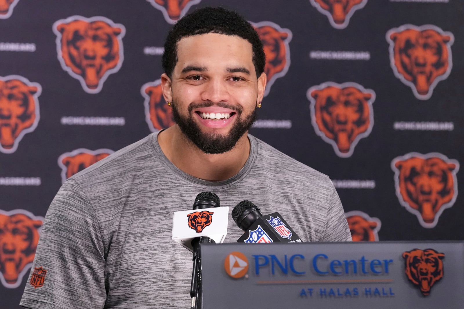 Chicago Bears quarterback Caleb Williams talks to media at a news conference after NFL football practice in Lake Forest, Ill., Wednesday, May 28, 2025. (AP Photo/Nam Y. Huh)