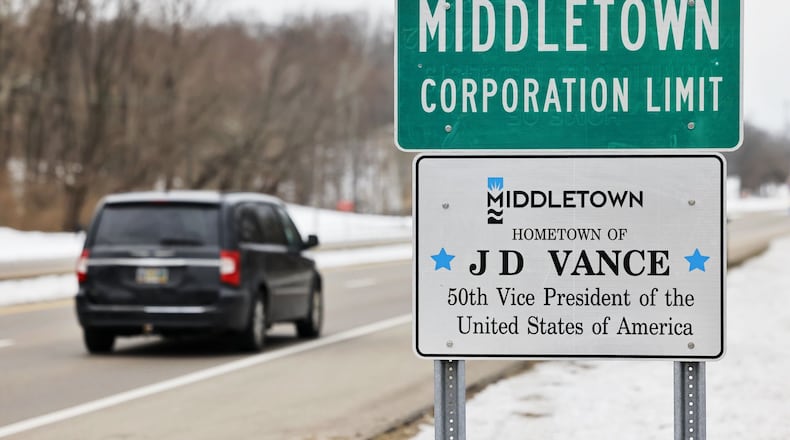Middletown installed the first of several signs announcing the city is the hometown of Vice President JD Vance along roads enter the city Thursday, Jan. 23, 2025. This sign is on OH-73 coming to Middletown from Franklin. NICK GRAHAM/STAFF