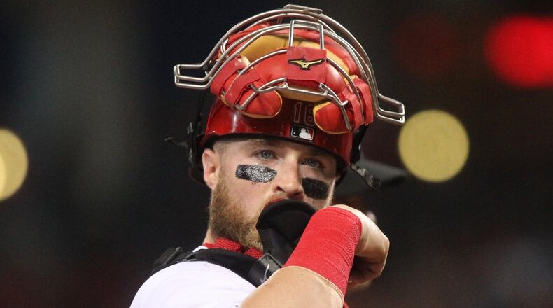 Reds catcher Tucker Barnhart prepares to play against the Marlins on Friday, July 21, 2017, at Great American Ball Park in Cincinnati. David Jablonski/Staff