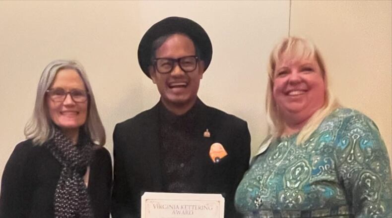 Kimheart Moeung (center) is a winner of the prestigious Muse Machine, Virginia Kettering Award, which honors educational leaders in Greater Cincinnati and Dayton areas “whose vision and commitment inspire students and teachers to grow through the power of the arts,” said Butler Tech officials.
On left is Crystal DeYoung, English instructor at the School of the Arts and on the right is Heather Campbell-Lieberman, innovative teaching and learning coach at Butler Tech. (Provided)