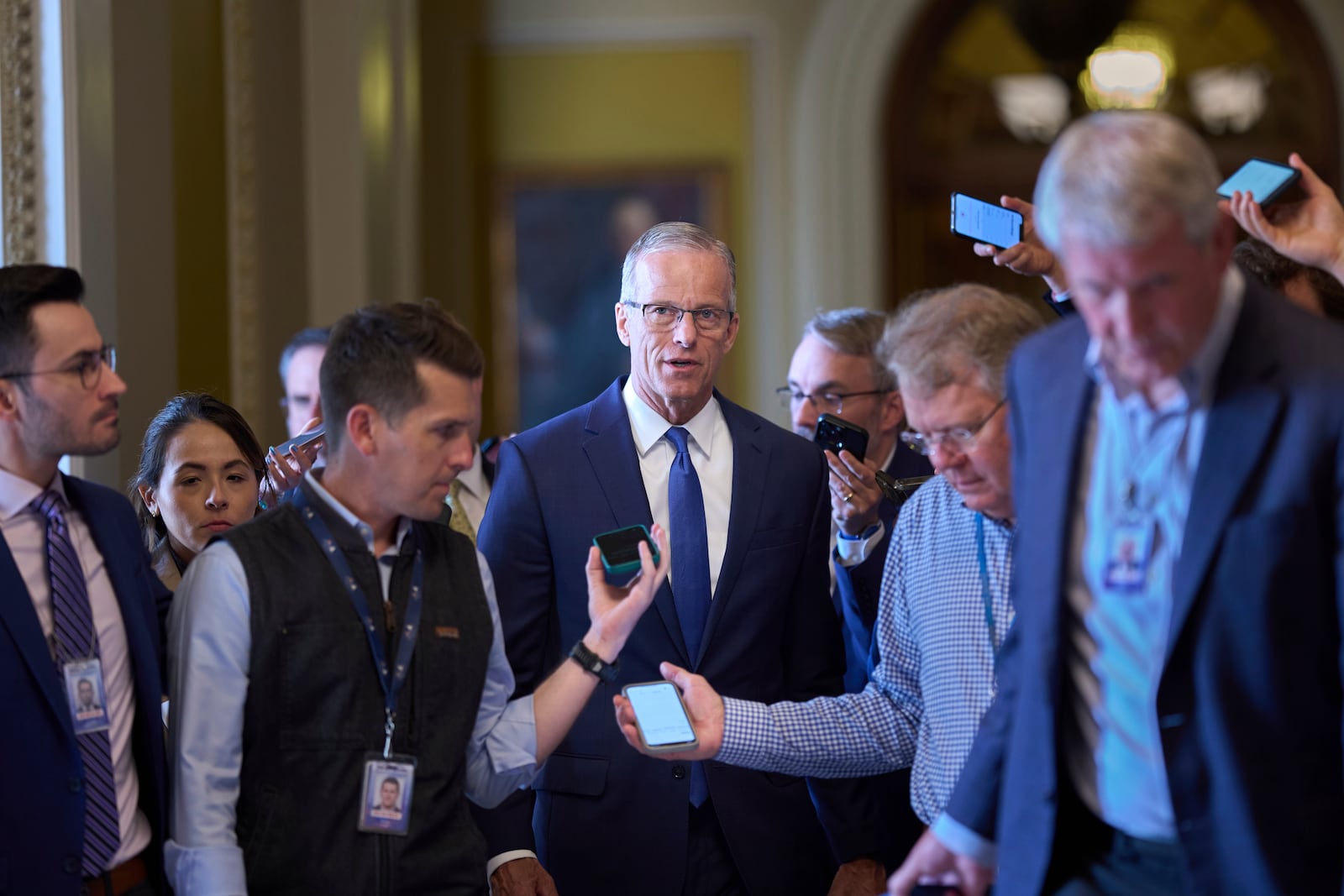 Senate Majority Leader John Thune, R-S.D., speaks with reporters about his plans to advance President Donald Trump's spending and tax bill, at the Capitol in Washington, Monday, June 2, 2025. (AP Photo/J. Scott Applewhite)