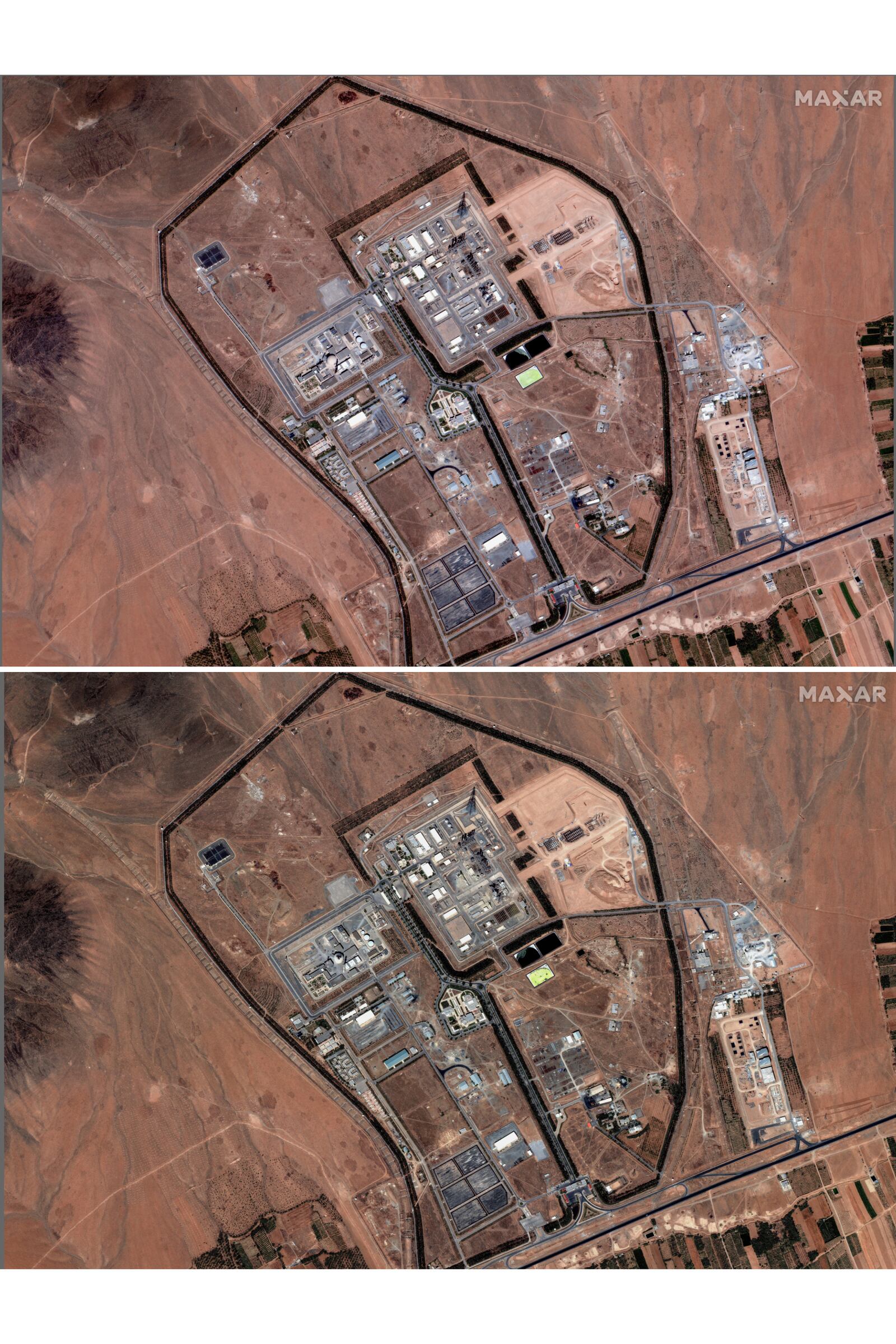 This combo from satellite images provided by Maxar on June 18, 2025 shows, Top, Iran's Arak heavy water reactor building before Israel launched airstrikes on the reactor and bottom, Iran's Arak heavy water reactor building after Israel launched airstrikes. (Maxar Technologies via AP)