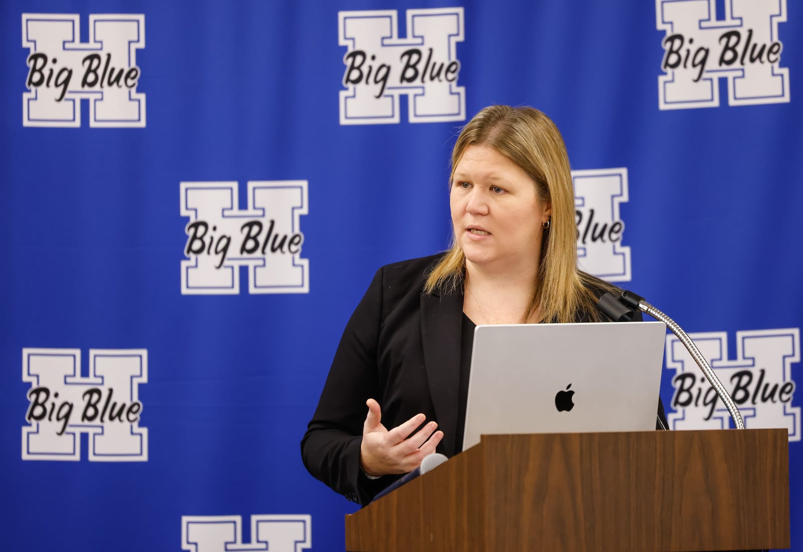 Hamilton City Schools District Superintendent Andrea Blevins address the HCSD Board of Education while presenting a budget plan Friday, Jan. 16, 2026. NICK GRAHAM/STAFF