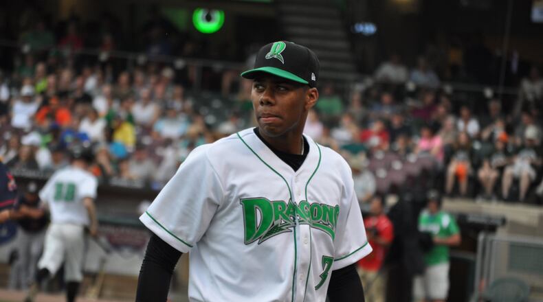 Dayton’s Hunter Greene during Saturday night’s start vs. Peoria at Fifth Third Field. Nick Dudukovich/CONTRIBUTED