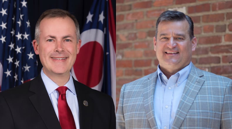 The candidates for Ohio Treasurer of State in the November 2022 election are Robert Sprague (left) and Scott Schertzer (right).