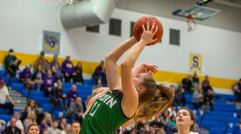 Badin's Jada Pohlen scores two of her 14 first-half points during Tuesday night's Division II region semifinal against Eaton at Springfield High School. Jeff Gilbert/CONTRIBUTED