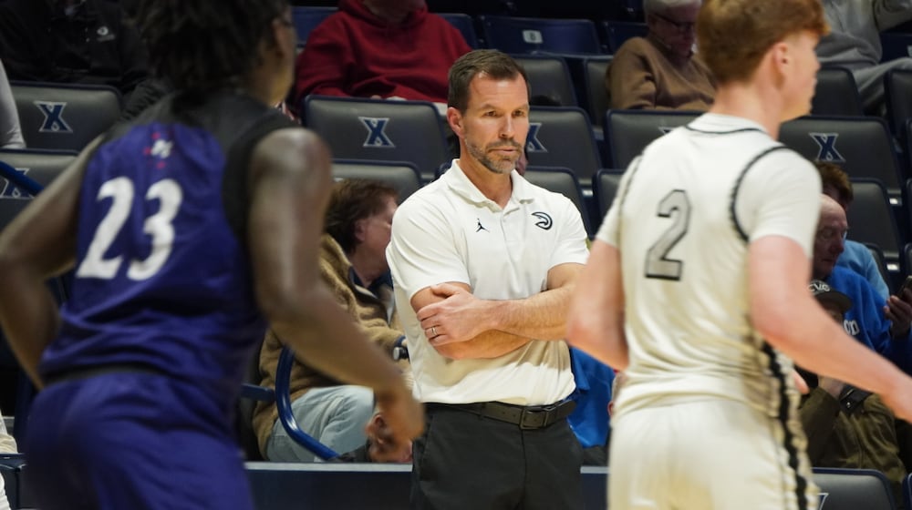 Lakota East boys basketball coach Clint Adkins looks on during his Thunderhawks’ game against Middletown at the Martin Luther King Classic Monday, Jan. 19, 2026 at Xavier University’s Cintas Center. CHRIS VOGT / CONTRIBUTED